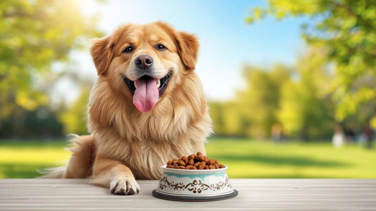 Large-breed dog sitting next to a bowl of dry dog food