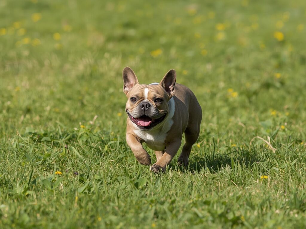 "Happy French Bulldog with shiny coat running in a grassy field representing good health and nutrition"
