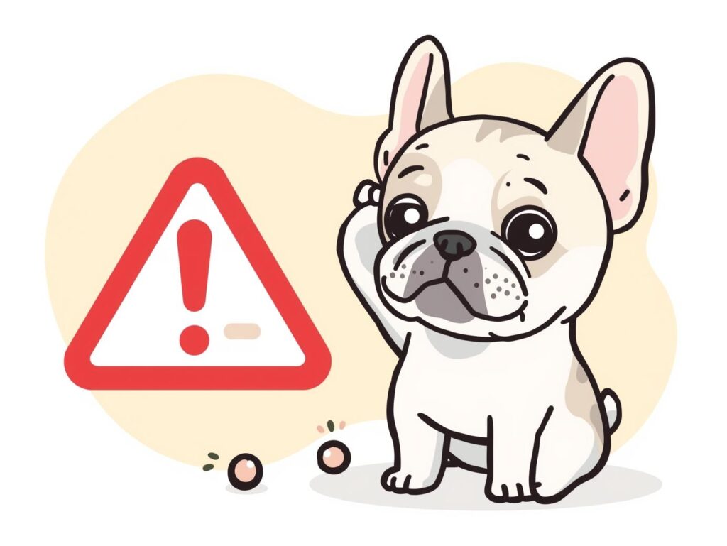 "French Bulldog scratching ear with red allergy symbol representing food sensitivities"