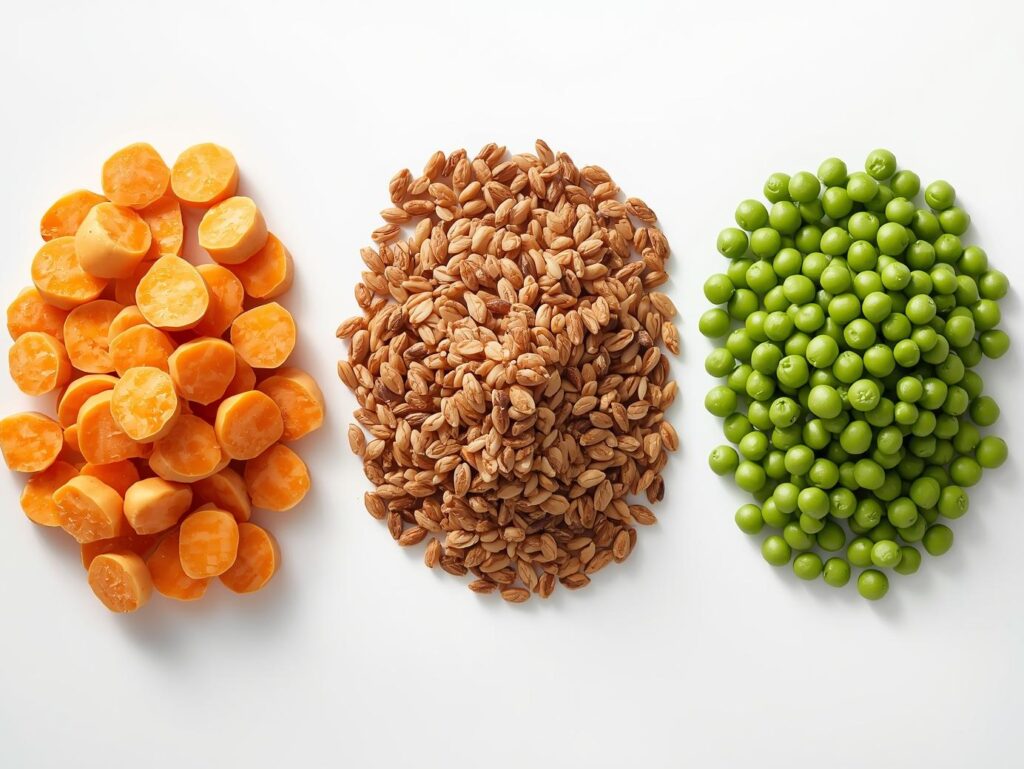 "Sweet potatoes, brown rice, and peas as digestible carbohydrate options for French Bulldog