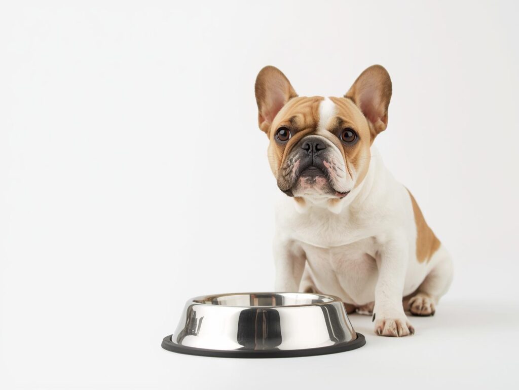 Cute French Bulldog sitting beside a food bowl looking happy and healthy"