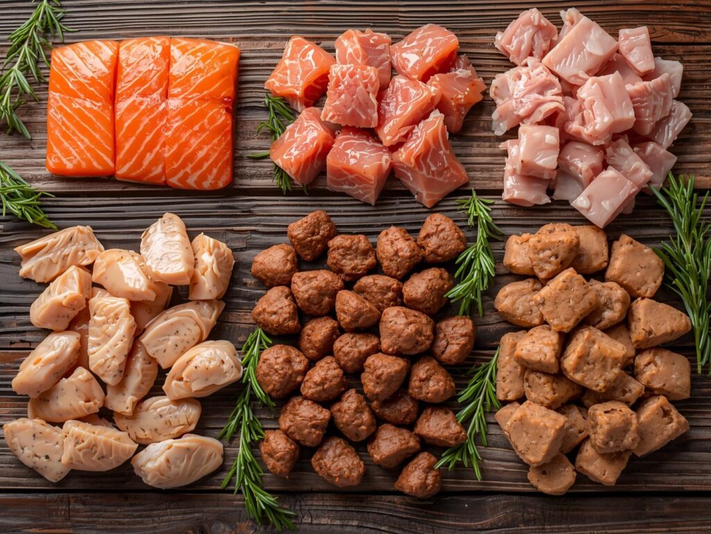 "Fresh salmon, chicken, and duck displayed as healthy protein sources for French Bulldog food"