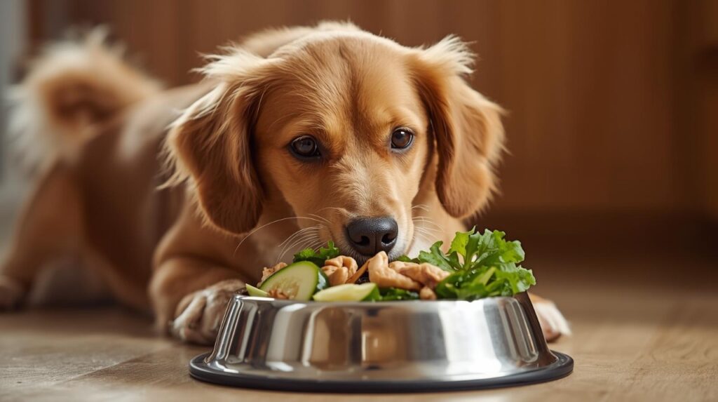 Happy dog eating fresh chicken, zucchini, and leafy greens from a stainless steel bowl.