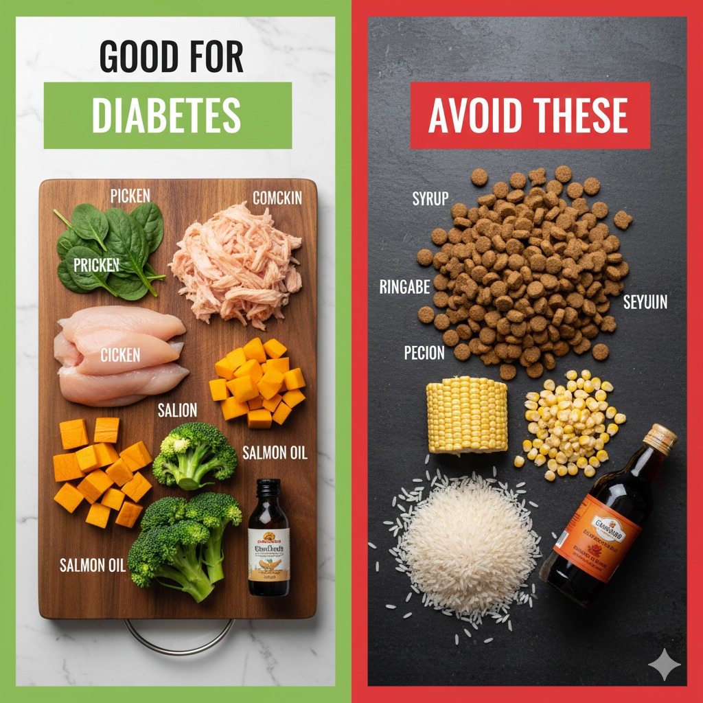 Split-screen of healthy fresh ingredients vs kibble, rice, corn, and sugary fillers.
