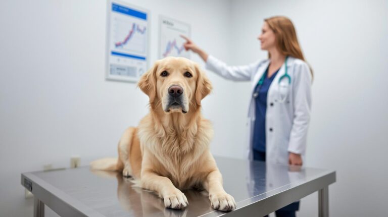 A golden retriever sitting on a veterinary exam table while a vet explains canine diabetes using a glucose chart in the background