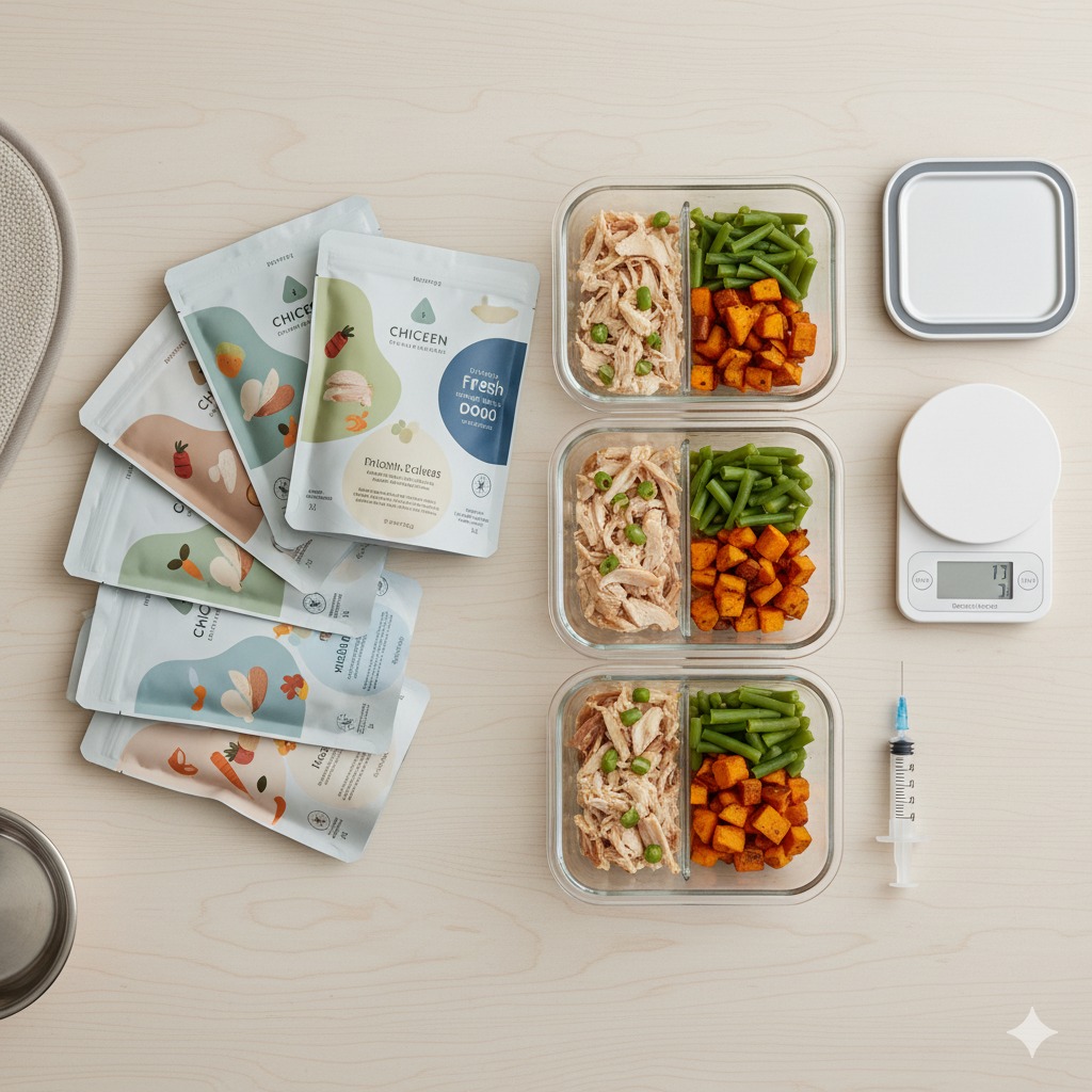 Fresh dog food packs with portioned meals next to an insulin syringe and measuring scale.