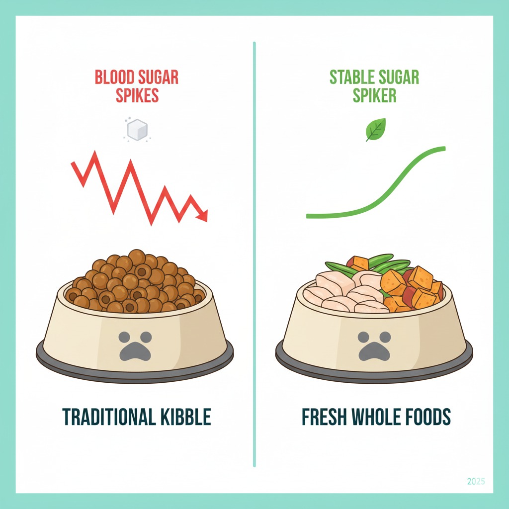Alt text: Comparison of kibble vs fresh dog food with graph lines showing sugar spikes and stable glucose.